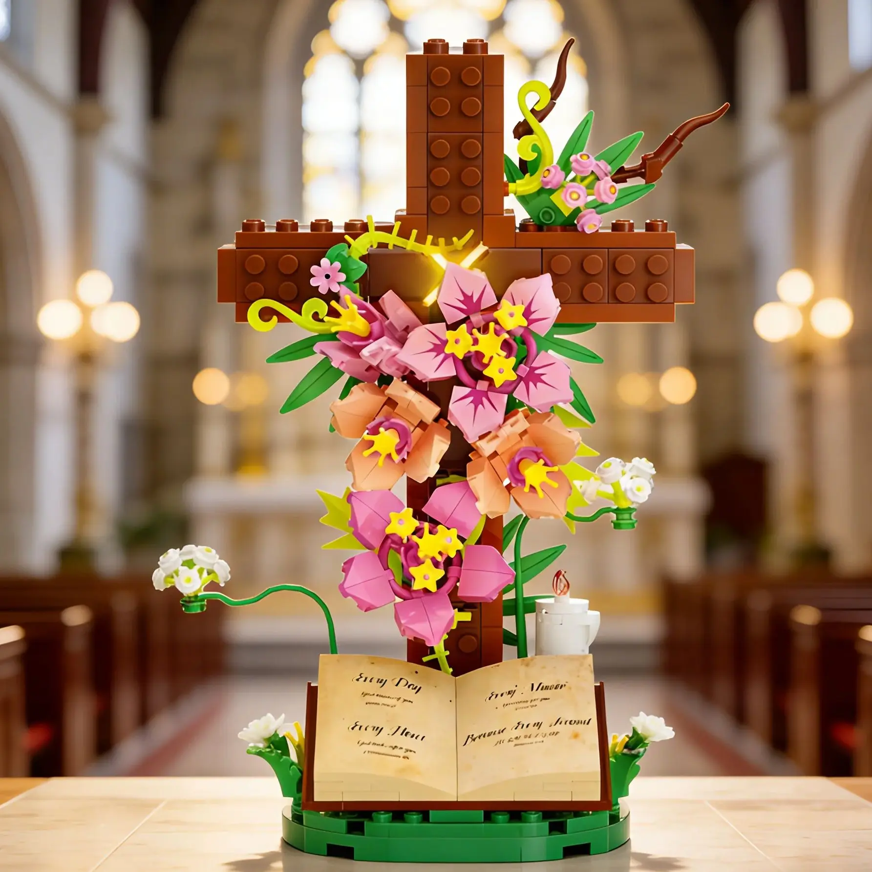 

MOC Christian Cross Flower Bouquet Building Blocks Set Sacred Bible Tulip Plant Bricks Model DIY Assembly Toy for Kids