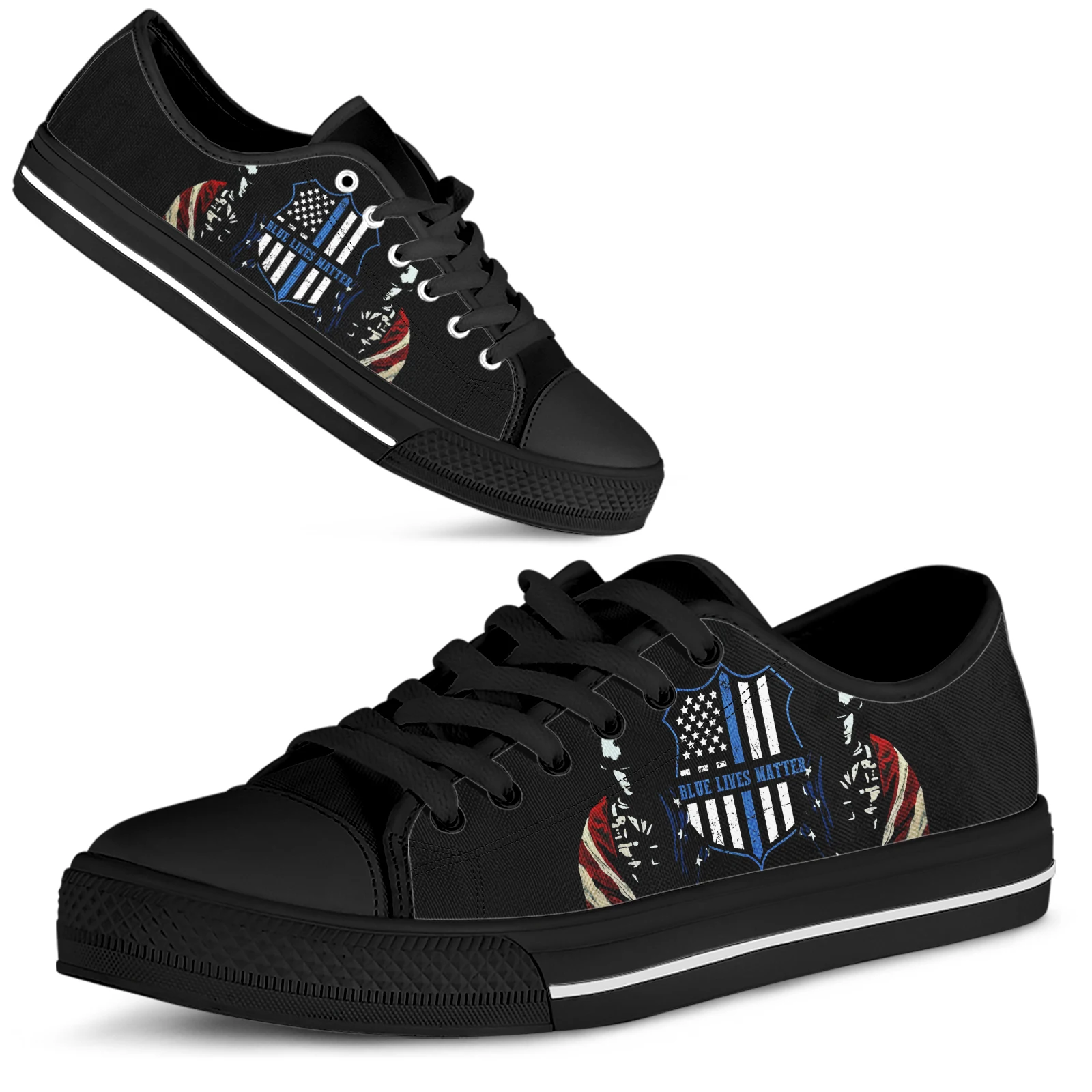 ELVISWORDS Thin Blue Line Design Black Soft Sole Casual Sneaekrs Summer Lace-up Sneakers American Flag Print Flats Chaussure