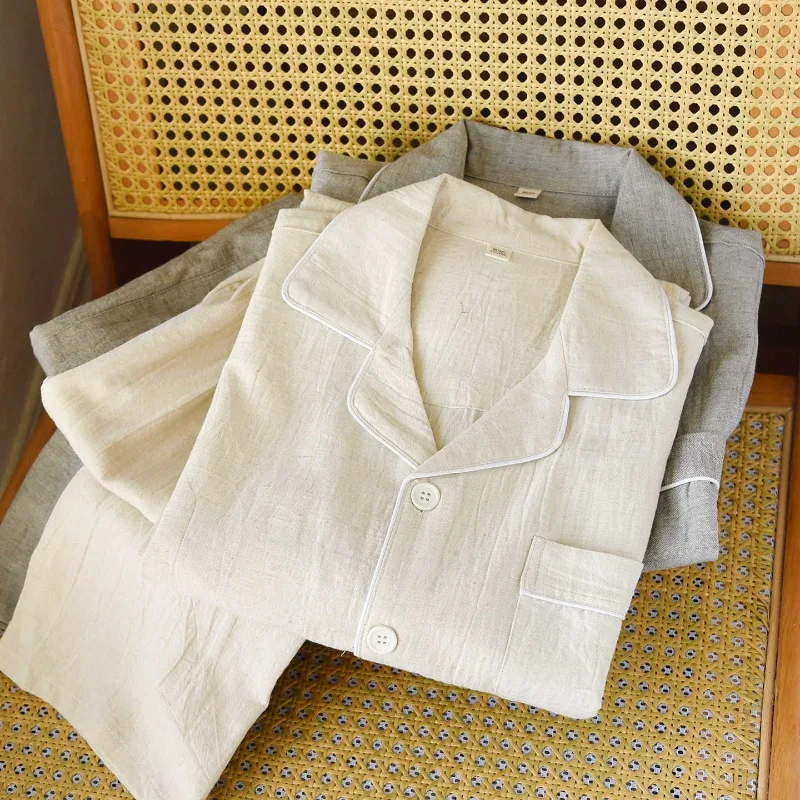 2026 New Spring and Autumn Men's Pajama Set Cotton Hemp Long Sleeve Pants Solid Color Loose Large Home Furnishing Set