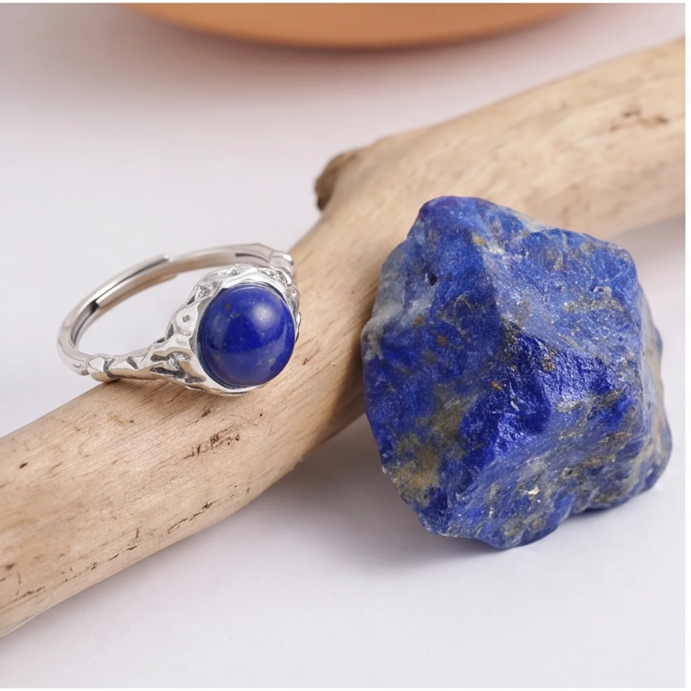 

Natural Lapis Lazuli Ring 8mm Round Cabochon S925 Sterling Silver Adjustable Vintage Bohemian Band for Women Men Wisdom Stone Th