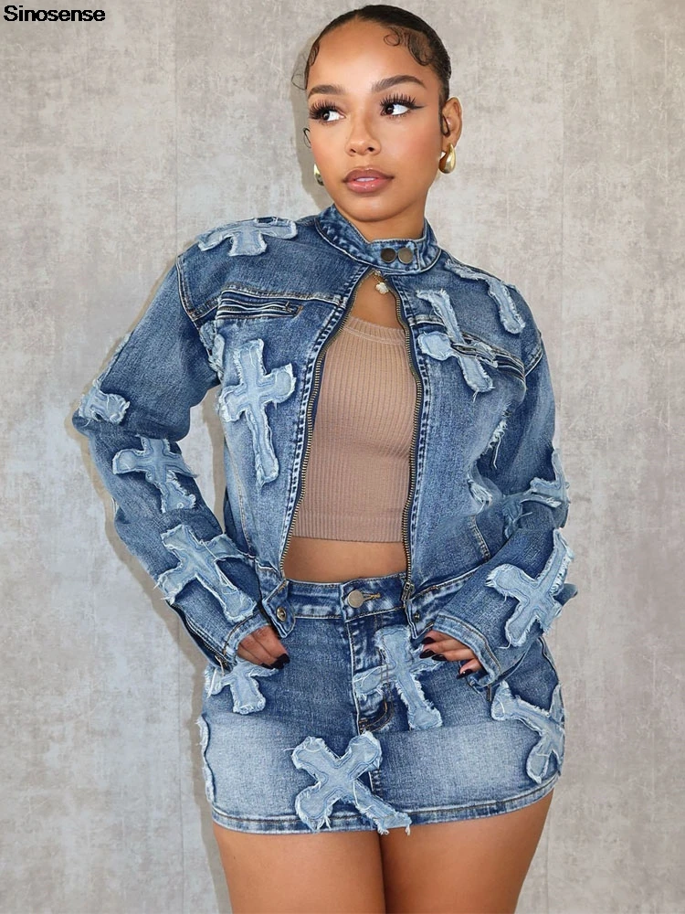 Women Embroidery 2 Piece Denim Skirt Set Long Sleeve Zipper Jean Jacket And Bodycon Mini Skirts Y2K Night Out Club Party Outfits