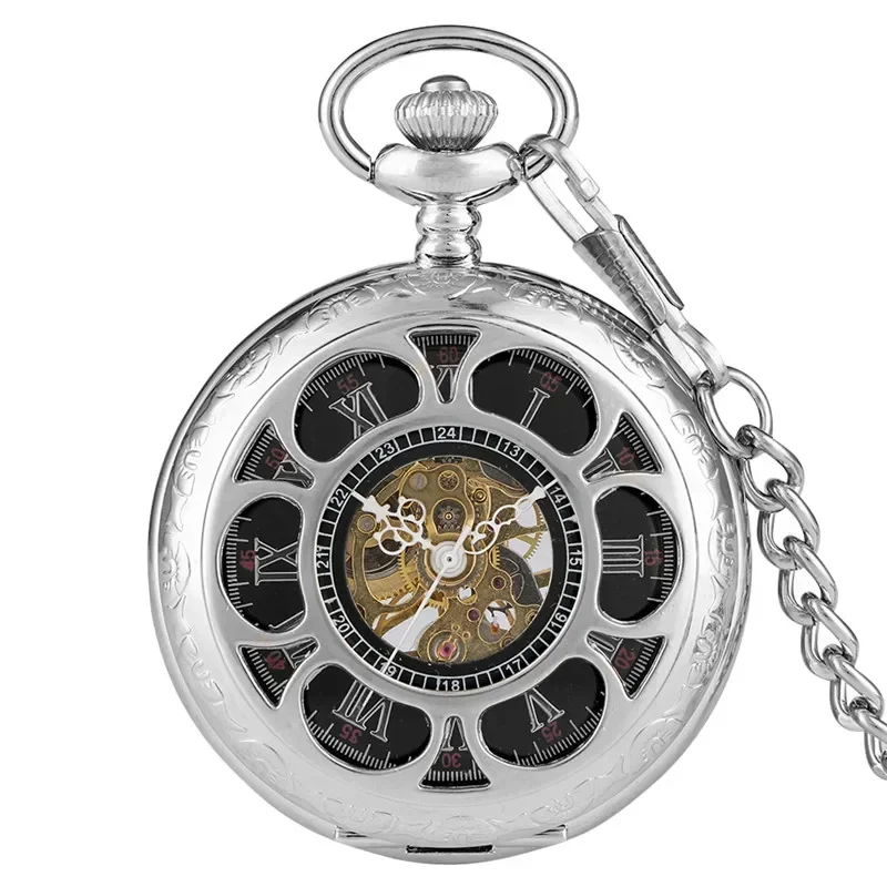 Silver Hollow Case Roman Numeral Dial Pocket Watch Men Women Hand Wind Mechanical Pocket Watches Skeleton Clock Pendant Chain