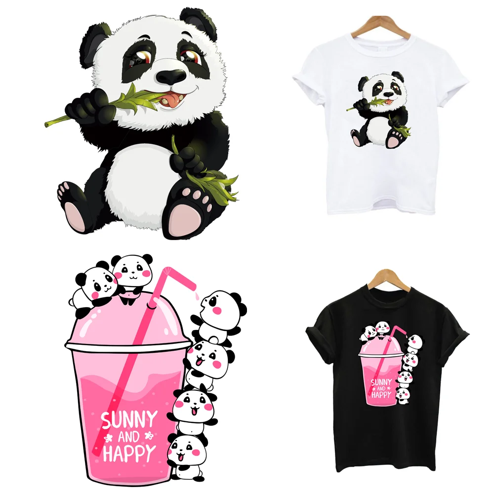 2PCS/Lot Panda Cat Dogs Animal Cute Iron On Ironing Adhesive Patches Fusible Heat Thermal Transfer T Shirt Stickers For Clothes