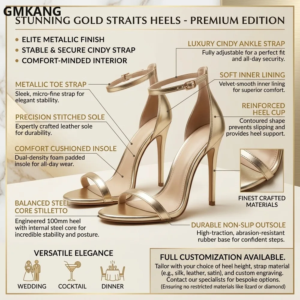 GMKANG Metal Leather Round Toe Buckle Sandals, Open Toe High Heel Party Shoes, Summer Comfort Fit Durable Sole Dressy Strap