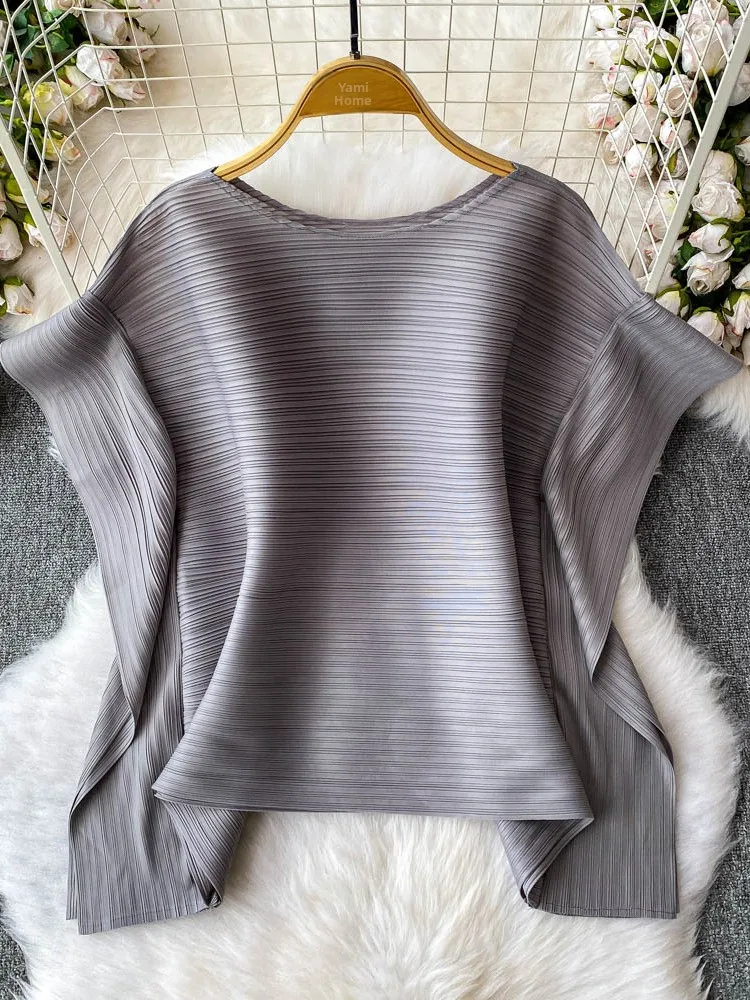 Cseta de Manga Murciélago con Cuello Redondo Pado de Alta Gama para Mujer, Estilo Casual Hoado, Moda de Verano, Top A...