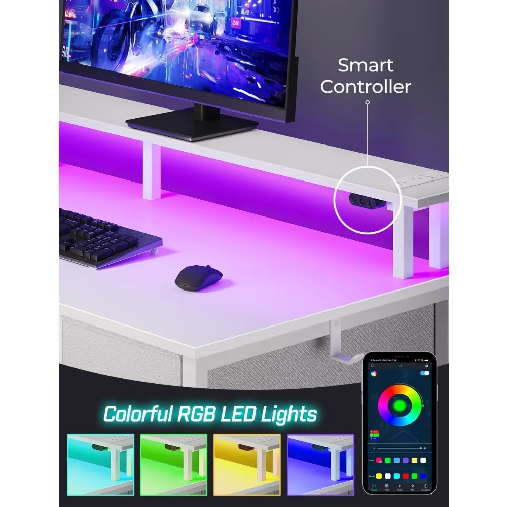 مكتب مكتب منزلي متعدد الوظائف مقاس 39 بوصة مع منافذ طاقة وإضاءة LED وحامل شاشة يتميز بـ 5 أدراج