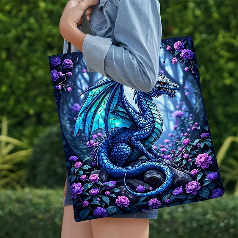 2D Flat Capacity Lightweight Durable Tote Bag Whimsical Blue Dragon Purple Rose Forest Print Shoulder Bag,for Shopping 35x40cm