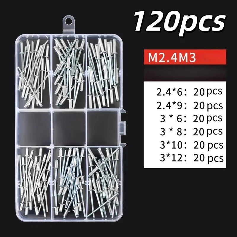 120pcs Aluminum Alloy Riveter Fasteners Sets Pop Rivets Assortment Kit Furniture Assortment Dome Head Blind Rivet Nut Tools