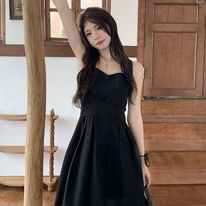 Korean Bow High Waist Dresses Women Summer New Loose Strap Sleeveless Long Dress Ladies All-match Solid Color V-Neck Vestidos