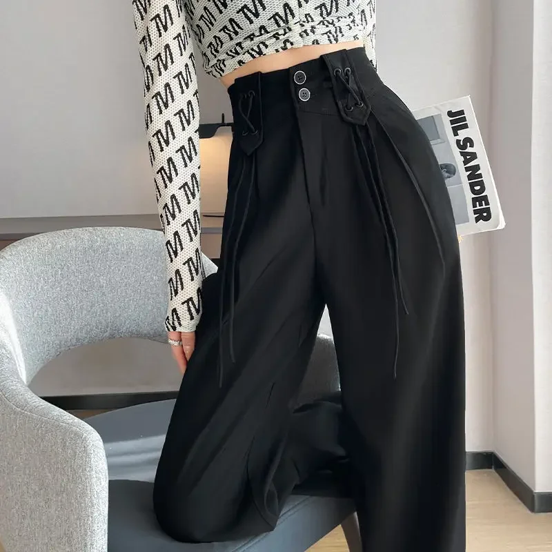 Dress Pants Wide Leg Black Women Work Straight Office Spring Autumn Woman Trousers Tailoring Trends 2024 Chic and Elegant Nylon