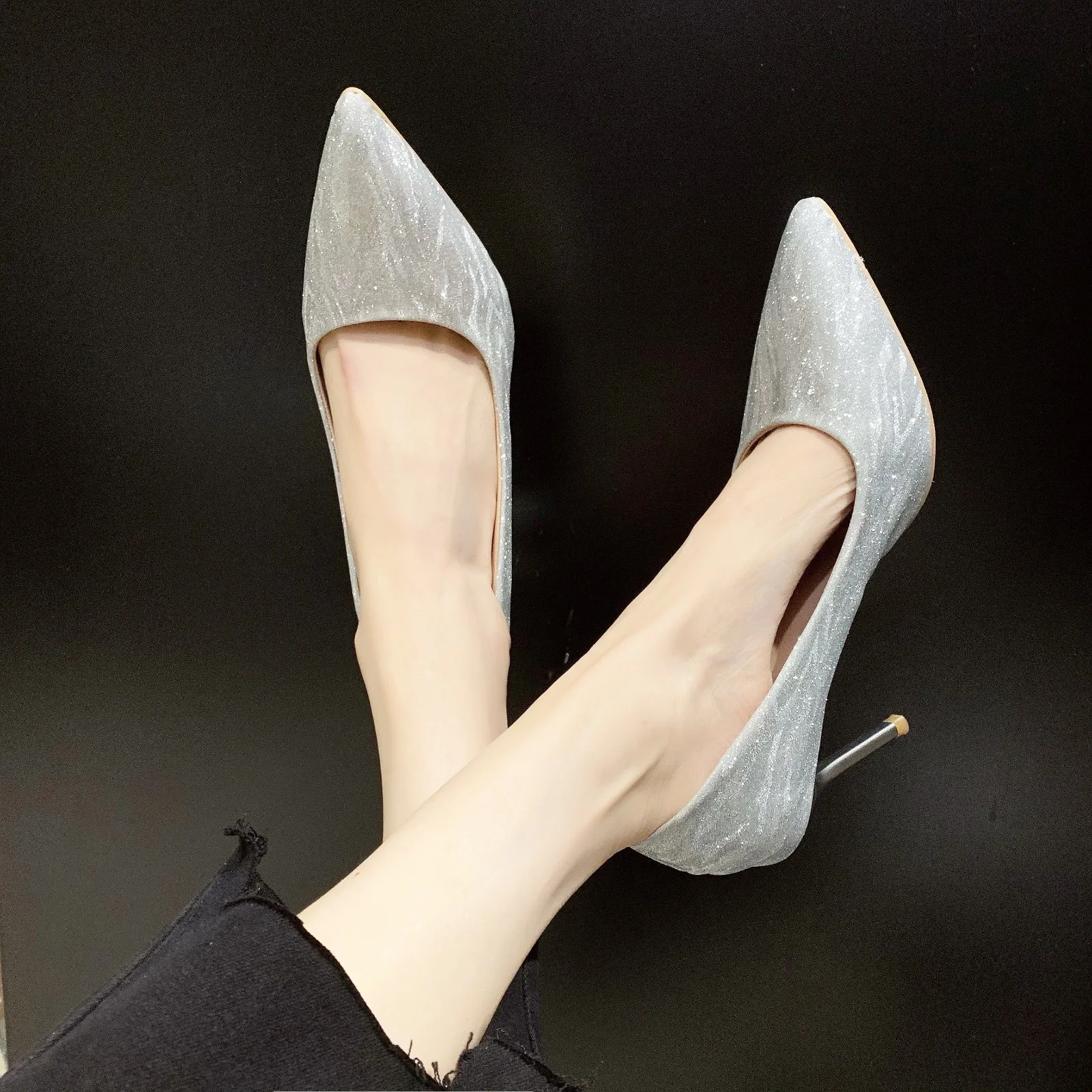 New Woman Pumps Silver Champagne High Heels Stiletto Wedding Shoes Sequins Women Heels Fashion Ladies Dress Party Shoe