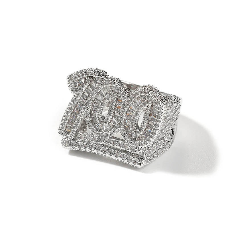 Hip Hop 5A+ Cubic Zirconia Bling Iced Out 100 Points Finger Rings for Men Rapper Jewelry Gold Silver Color