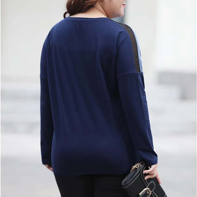 Autumn Winter Patchwork Plus Size Casual T-shirts Women Long Sleeve Elegant Fashion Lady Tops All Match Oversized Female Clothes