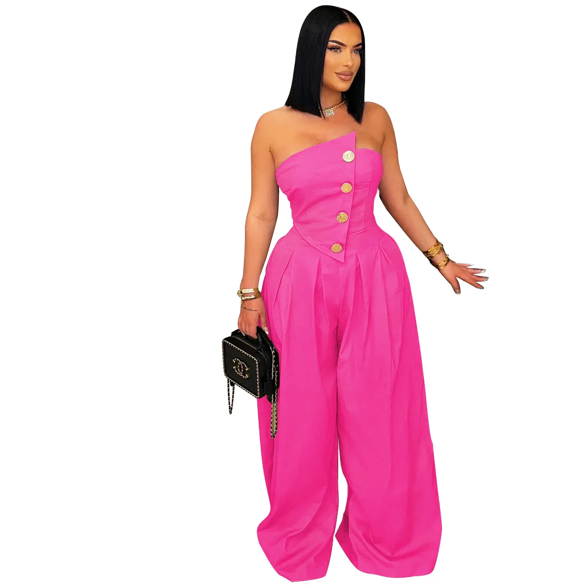 EINY Chic Fashion Women Button Splicing Strapless Wide Leg Jumpsuits 2025 Summer Sexy Party Club One Piece Suit Rompers Playsuit