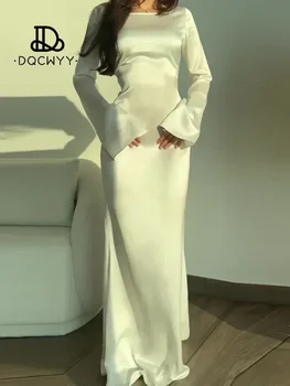 Sukienki damskie 2025 New Long Dresses Fashion Simple Round Neck Satin Flare Sleeve Lace Up Slim Evening Party Dresses Sexy Dress