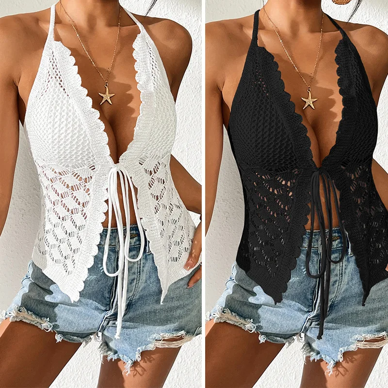 2025 Sexy Crochet Cover Up Lace Tie-Front Beach Shirt Cutout Details Women's Short Summer Sexy V Neck Halter Knit Top One Piece
