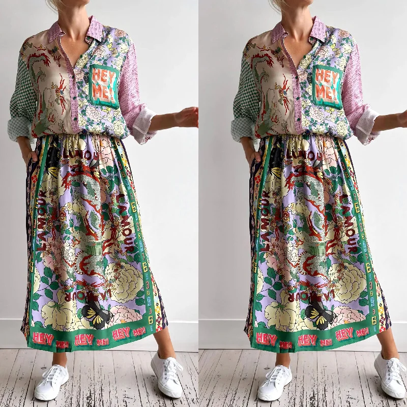 

New Personalized Graffiti Casual Two-Piece Satin Print Long Sleeve Shirt Skirt