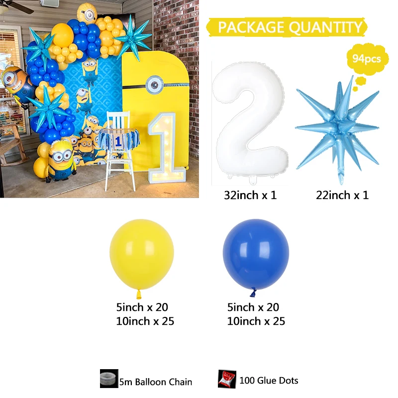 94 szt. Minionki balony na imprezę tematyczną Arch Kit Minionki tło urodzinowe żółta niebieska lateksowa kula na dekoracje urodzinowe dla dzieci