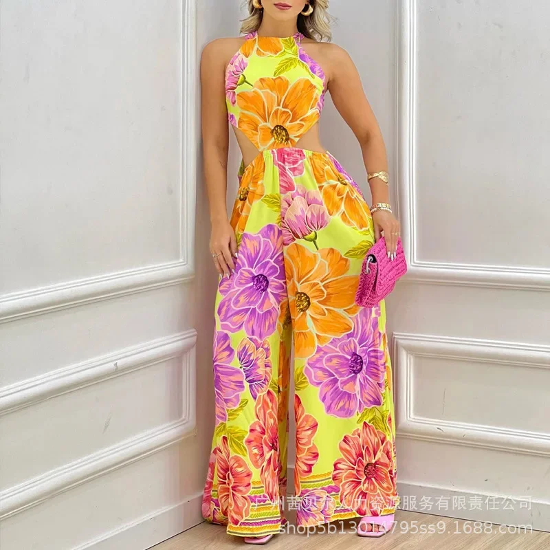 

Women Summer Wide Leg Loose Playsuit Jumpsuit Pants High Waist Fashion Sexy Hollow Out Flower Floral Pants