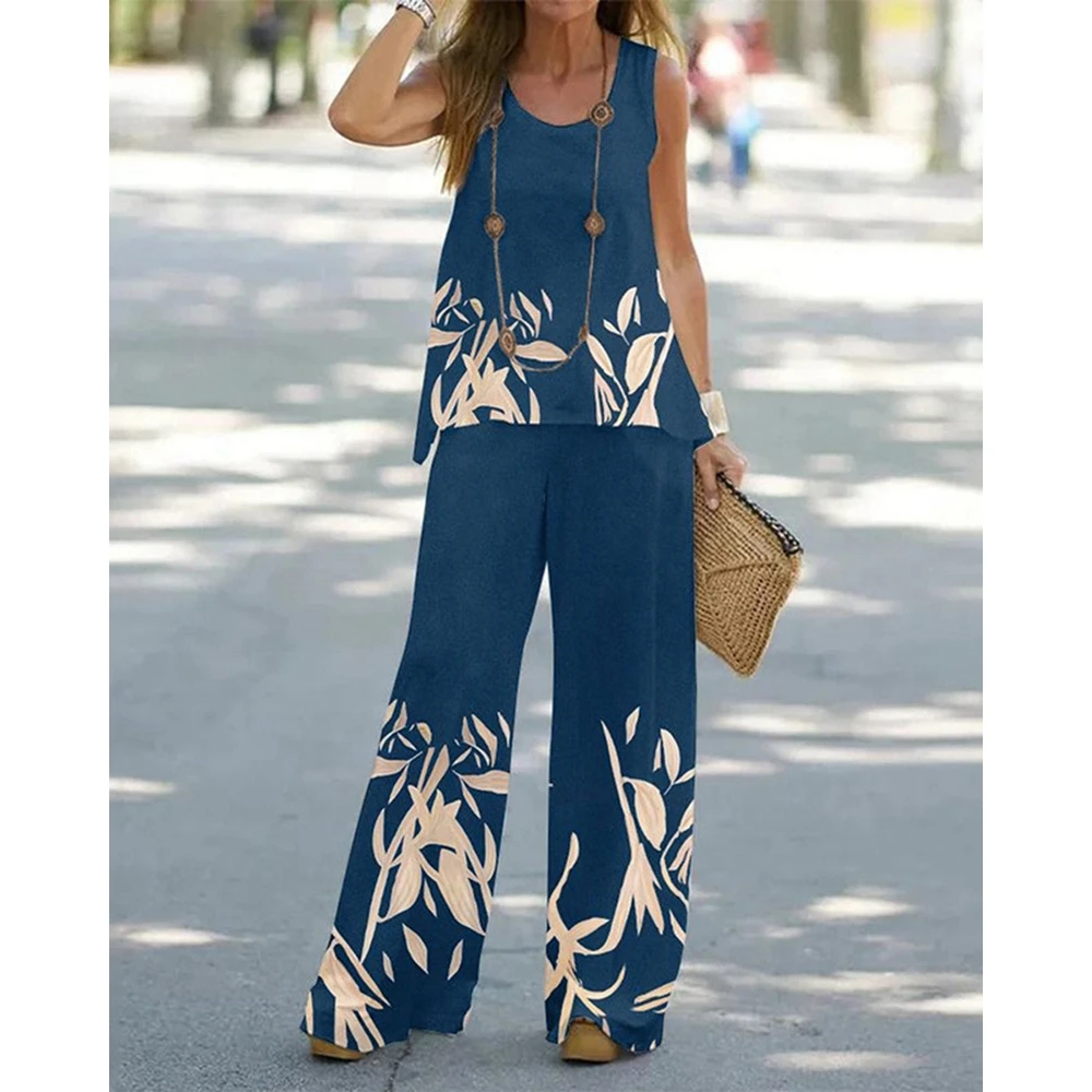 Women's Tropical Print Round Neck Sleeveless Tank Top and Wide Leg Pants Set Causal Streetwear Summer Suit Y2K Clothes