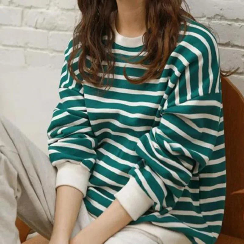 

Fashion O-Neck Spliced Loose Striped T-Shirt Female Clothing 2023 Autumn New Casual Pullovers All-match Commute Tee Shirt LU368