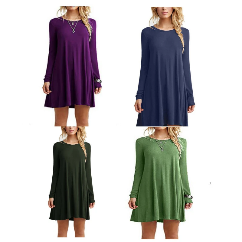 スリム効果のある無地ラウンドネック長袖ゆったりワンピース 春秋冬新作 カスタムデザインサービス服