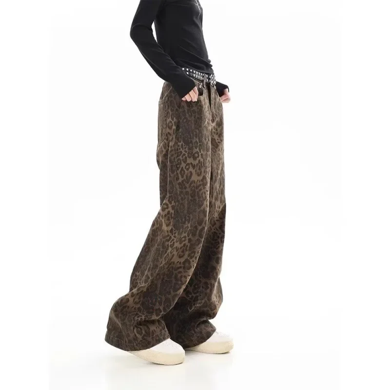 Amerikaanse vintage luipaardprint jeans dames herfst winter nieuw design gevoel kleine rechte buis overall casual broek
