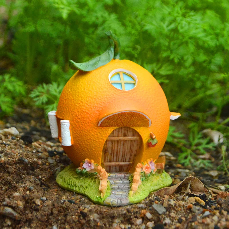 Resin Orange House Figurine Vintage Cottages Moss Terrarium Fairy Garden Ornament Landscape Crafts for Home Garden Decor