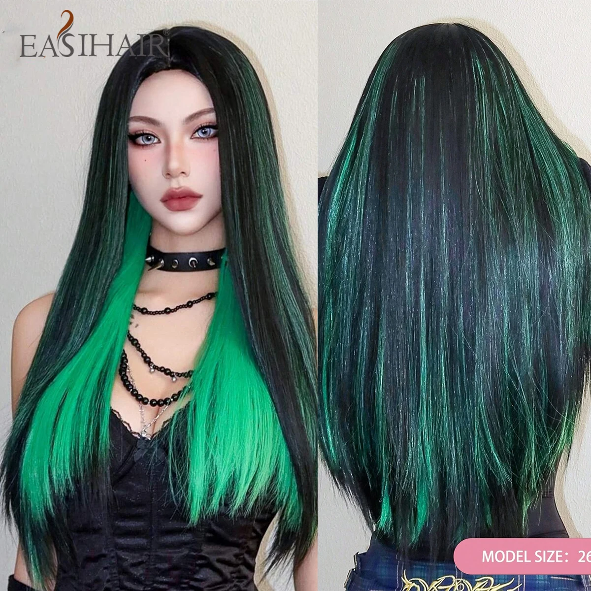 

EASIHAIR Black With Green Cosplay Synthetic Wigs for Women Long Straight Middle Part Wig Natural Hair Party Daily Heat Resistant
