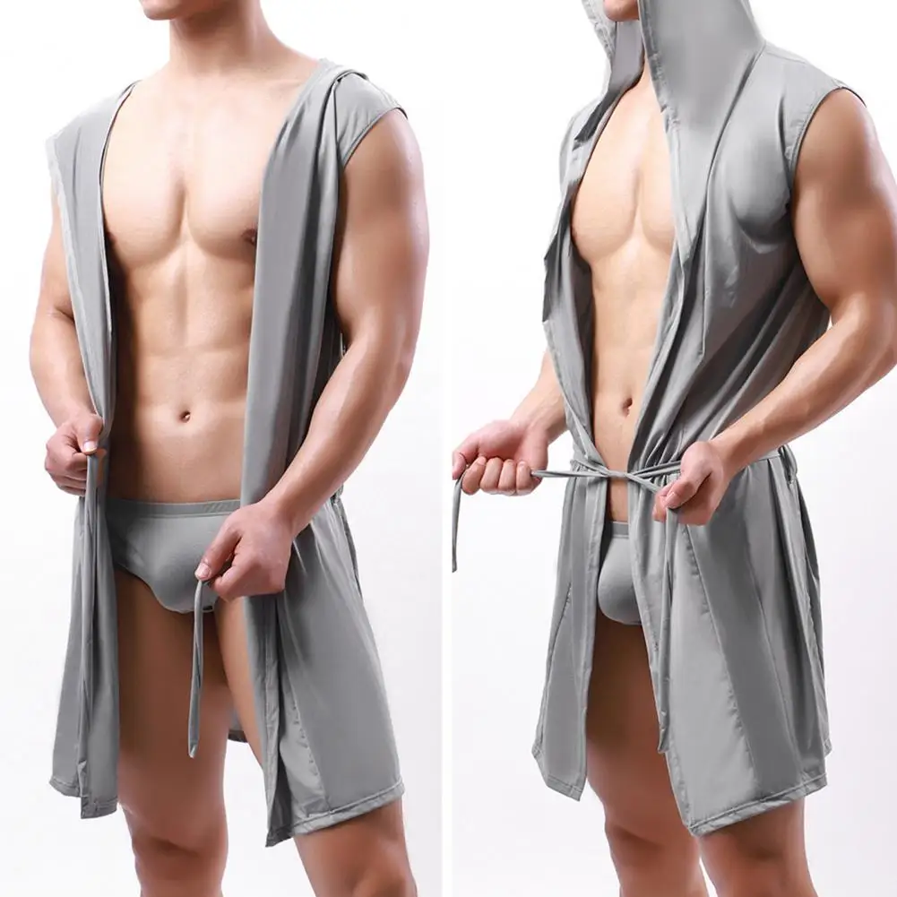 

Men Hooded Bathrobe Luxurious Men's Ice Silk Hooded Bathrobe with Belt for Home Travel Soft Fabric Solid Color Robe Design Men