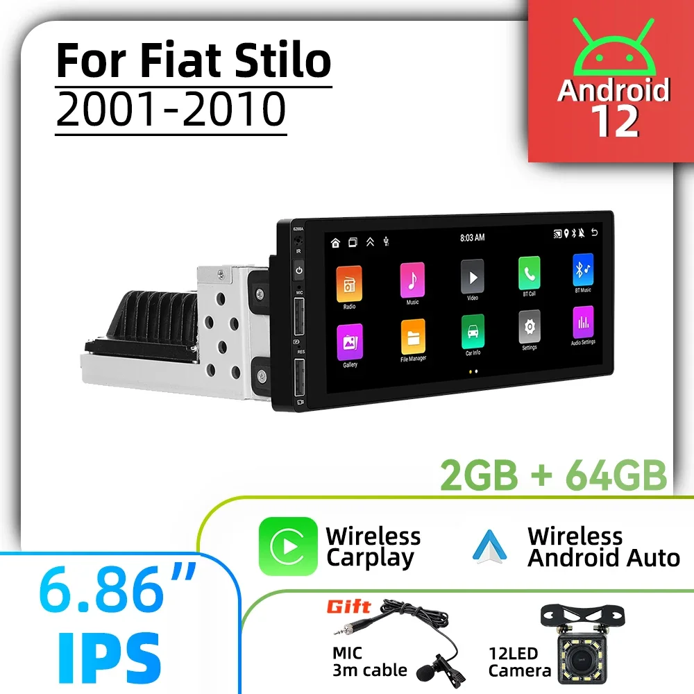 6.86 Inch 1Din Android Radio Car Multimedia for Fiat Stilo 2001-2010 Stereo Head Unit Carplay Android Auto Autoradio GPS BT WIFI