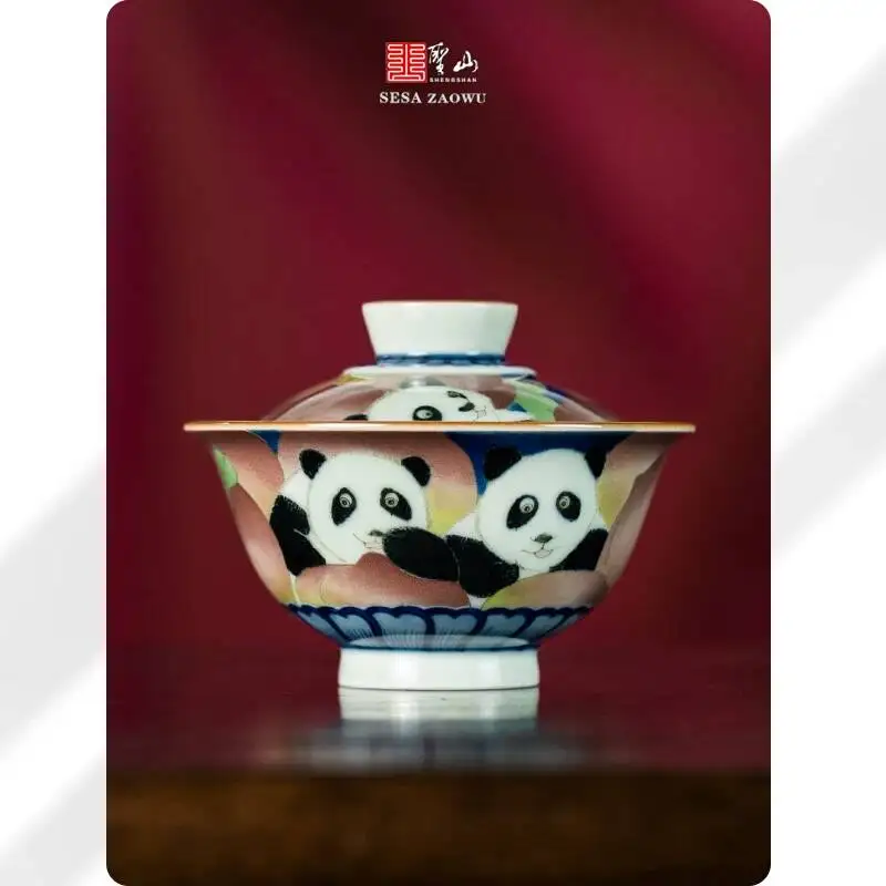 Xunzhen Tang Dream Forest Series Blue And White Multicolored Panda Peach Blossom Jingdezhen Creative Hand-Painted Tea Set Gaiwan
