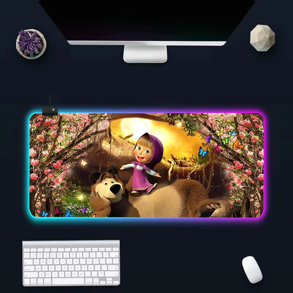 Hot Anime Masha and the Bear RGB Pc Gamer Keyboard Mouse Pad Mousepad LED Glowing Mouse Mats Rubber Gaming Computer Mausepad