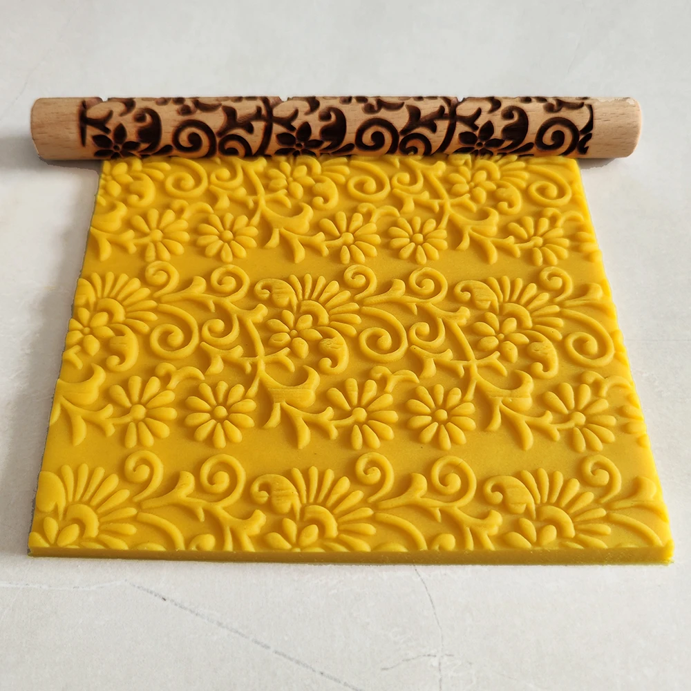 Flower Design Natural For Cookies DIY Baking Dough Fondant 3D Wooded Embossed Rolling Pins