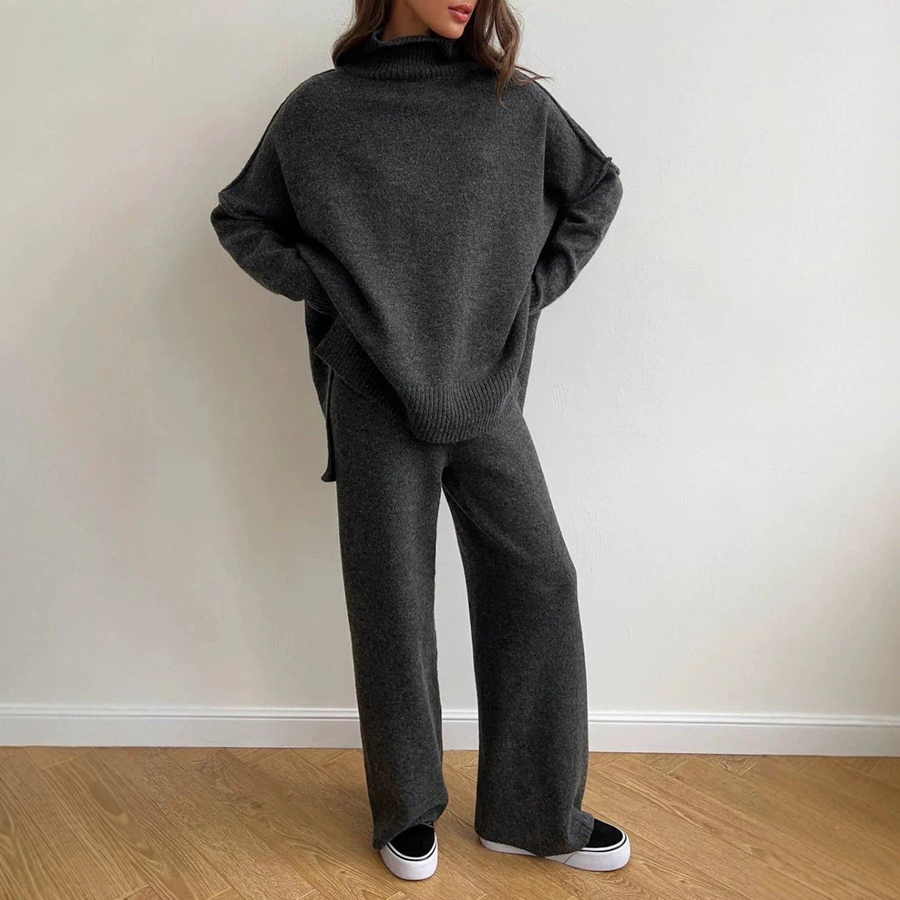 Casual Loose Fit Top with Long Sleeve High Neck Cardigan and Full Length Straight Leg Pants Women Winter Set Streetwear Two Set
