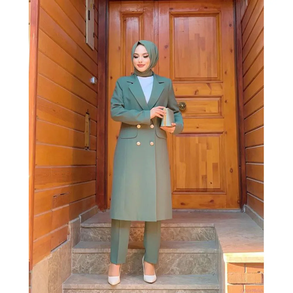 Elegant Green Women's Long Suits Double Breasted 2 Pieces Jacket Pants Blazers Sets Slim Fit Female Banquet Office Clothing