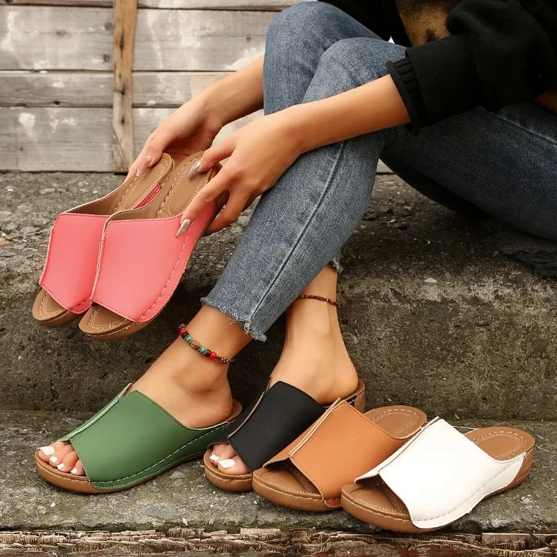 

2024 Summer New Open Toe Women's Wedge Sandals White Summer Fashion Breathable Comfortable Sandals Woman Buckle Female Footwear