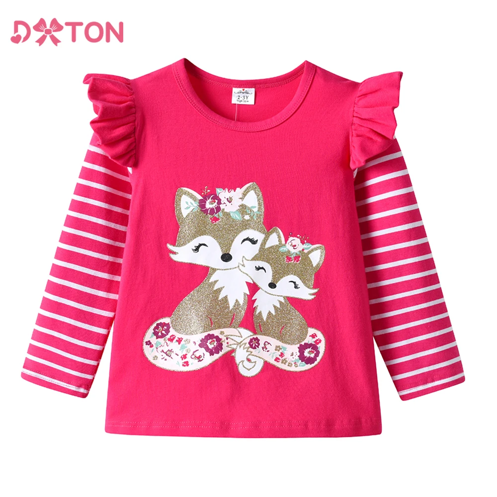 DXTON Peuters Meisjes T-shirts Gestreepte Ruches Lange Mouw Kinderen Cartoon Tops Eekhoorn Print Casual Winter Meisjes Katoenen Kleding