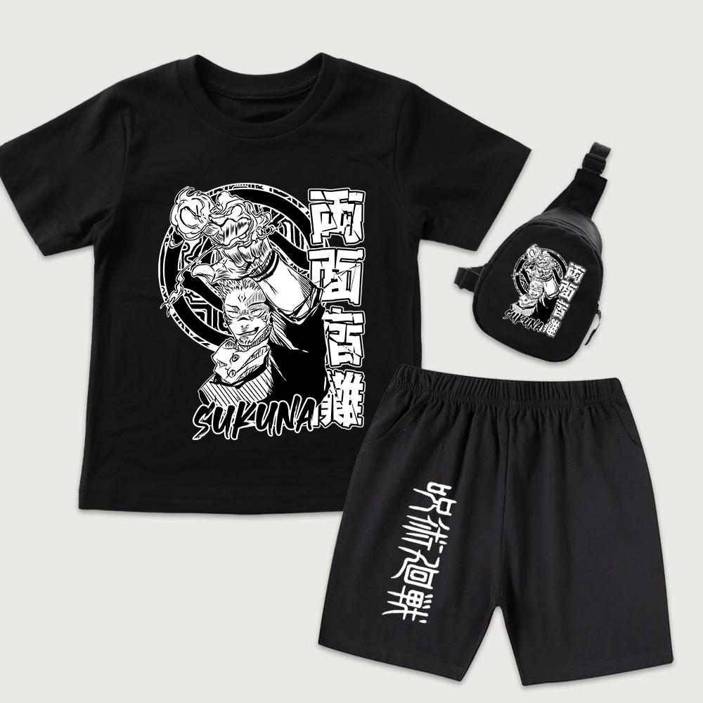Jujutsu Kaisen Sukuna Anime Print Childrens Cotton T Shirt Shorts and Mini Chest Bag 3 Piece Outfit Set for Kids