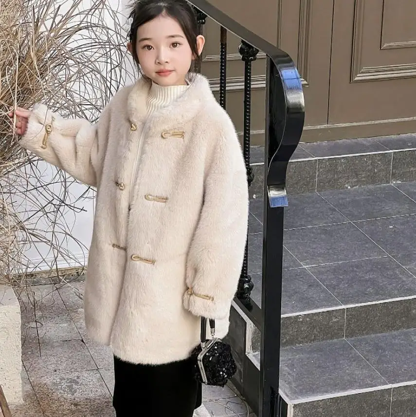 Girls' Faux Fur Coat 2024 Winter New Children's Thicker Warm Imitation Mink Fur Jacket A4250