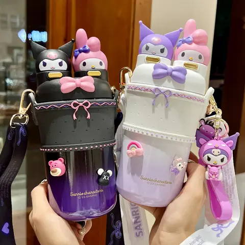 Sanrio Kuromi Lolita Schule Studenten Doppel Trinken mit Stroh Wasser Flasche Bär Losto Kinder Thermos Tasse Mädchen Tragbare Wasserkocher
