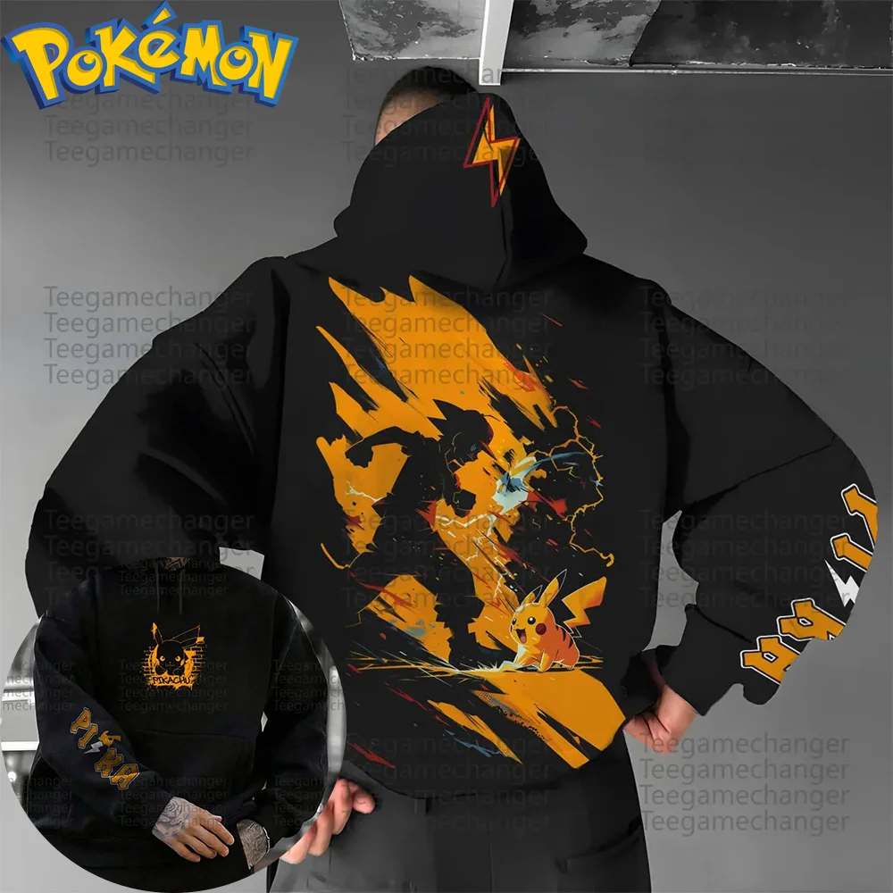Pokemon Anime Pikachu Sudadera con capucha de algodón Harajuku pantalones conjunto negro amarillo estampado de personajes con patrón de rayos eléctricos dos piezas