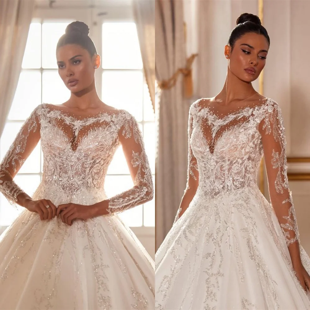 Изысканное белое свадебное платье из органзы по индивидуальному заказу, элегантное свадебное платье с овальными рукавами 3/4, Vestido De Novia, нежные свадебные платья с блестками