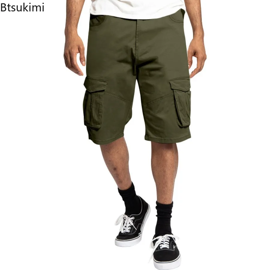 Men's Loose Straight Pants Casual Multi-pocket Shorts Summer Men Pure Color Fashion Shorts Drawstring Daily Cargo Short Pants