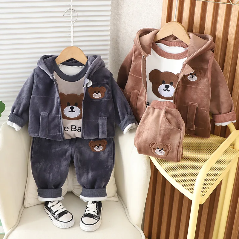 Boys Girls Sided Velvet Suit New Children\'s Cartoon Clothes Sets Baby Padded Autumn Winter 3Pcs Outfits Kids Fashion Casual Set