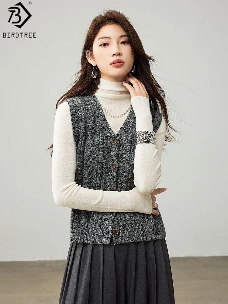 

Birdtree 100% Sheep Wool Knited Vest,Woman V-neck Sleeveless Tops,Single Breasted Autumn Loose Knitwear Waistcoat T59646JF
