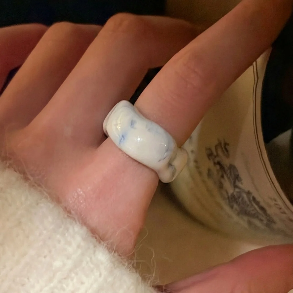 Light Luxury Retro Marble Patterned Resin Wide Band Finger Ring 1pc