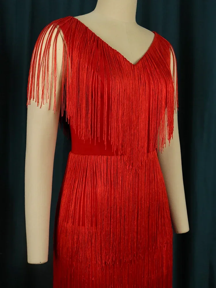 Large Size Red Tassel Dress Women V Neck Sleeveless High Waist Fringe Cocktail Evening Birthday Party Gowns Outfits Summer 2024