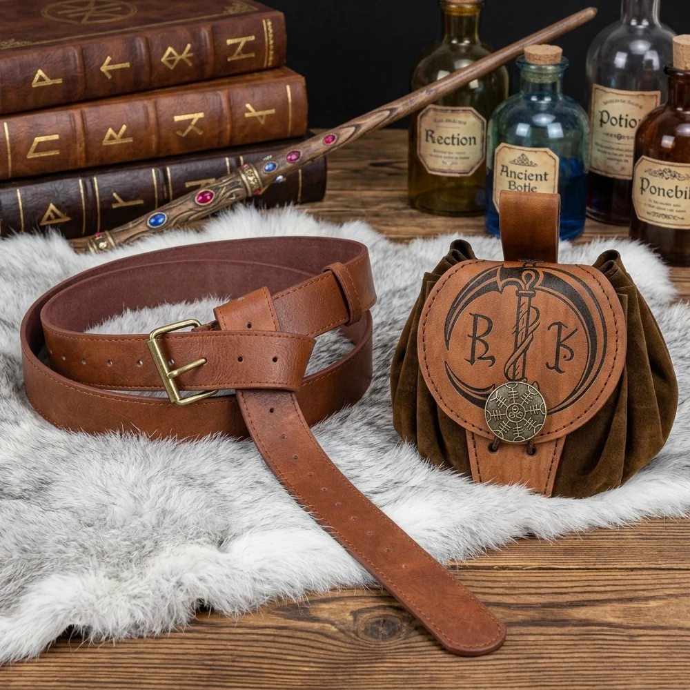 2pcs Medieval Viking Accessories Vintage Leather Belt  Norse Rune & Sword Embossing Waist Bag Cosplay Stage Performance Props