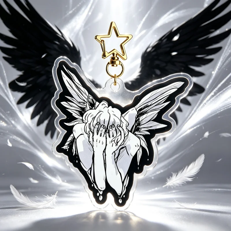 Fallen Angel Acrylic Keychain Gothic Winged Angel Charms With Golden Star Clasp Dark Aesthetic Bag Pendant Goth Accessories Gift